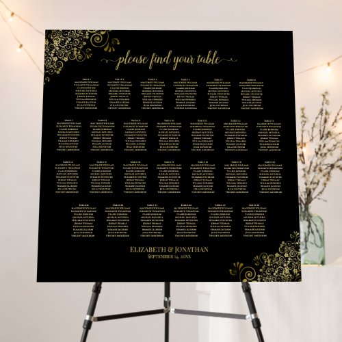 26 Table Gold Lace on Black Wedding Seating Chart Foam Board