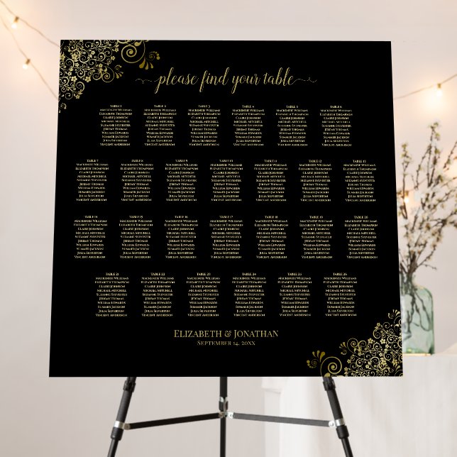 26 Table Gold Lace on Black Wedding Seating Chart Foam Board (In Situ (Stand))