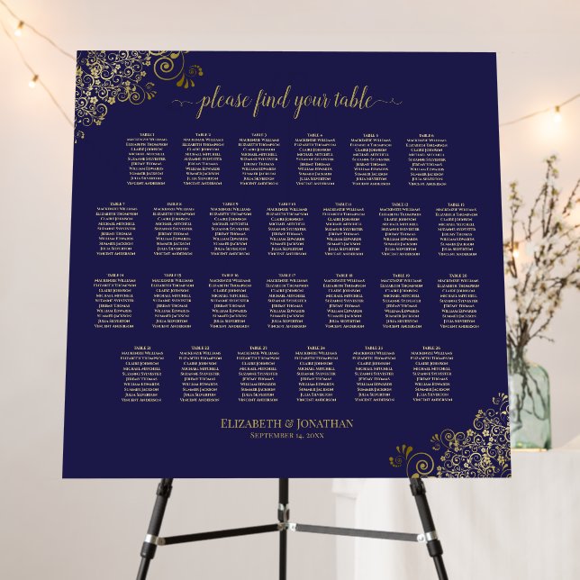 26 Table Gold Lace on Navy Wedding Seating Chart Foam Board (In Situ (Stand))