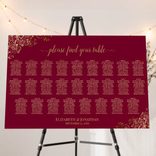 26 Table Gold Lace Seating Chart Maroon Burgundy Foam Board