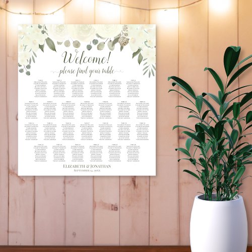 26 Table Ivory White Roses Wedding Seating Chart