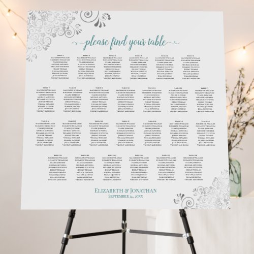 26 Table Lacy Silver  Teal on White Seating Chart Foam Board