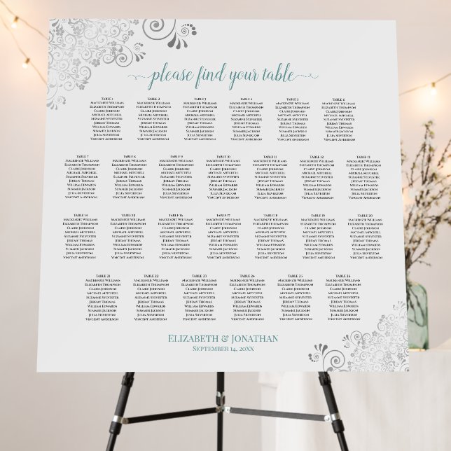 26 Table Lacy Silver & Teal on White Seating Chart Foam Board (In Situ (Stand))