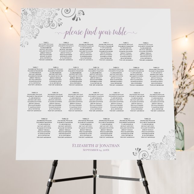 26 Table Lavender Silver Lace White Seating Chart Foam Board (In Situ (Stand))