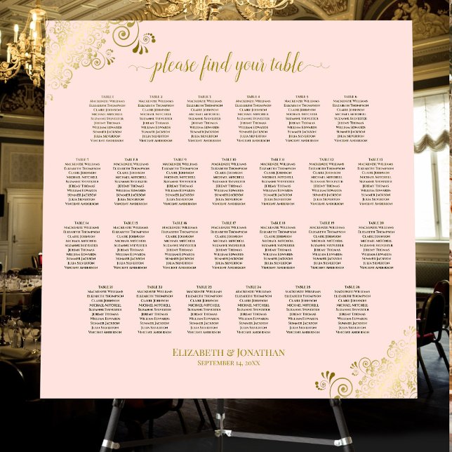 26 Table Pink & Gold Elegant Wedding Seating Chart Foam Board (On Stand)