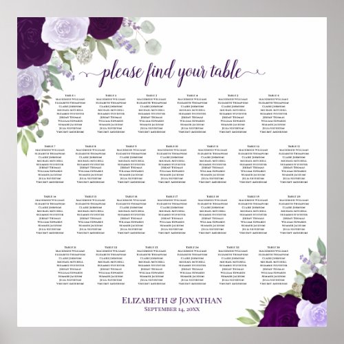 26 Table Purple Boho Roses Wedding Seating Chart