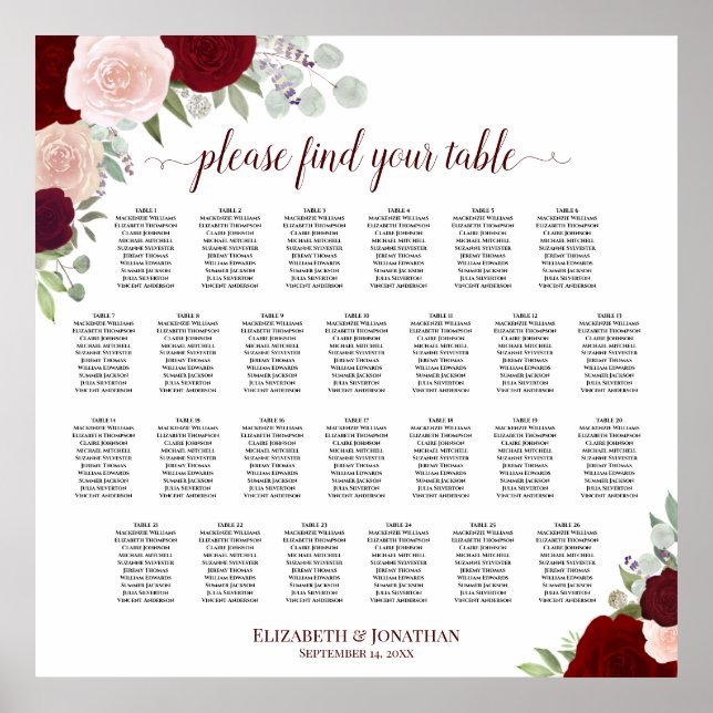 26 Table Red & Pink Roses Wedding Seating Chart (Front)