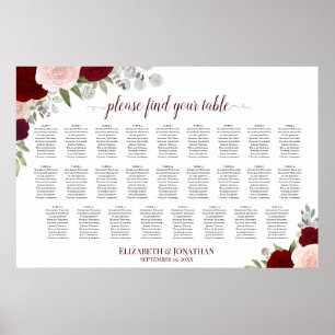 26 Table Red & Pink Roses Wedding Seating Chart