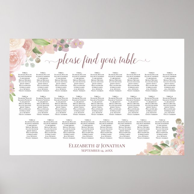 26 Table Rustic Pink Roses Wedding Seating Chart (Front)