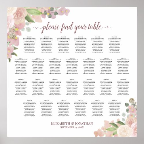 26 Table Rustic Pink Roses Wedding Seating Chart