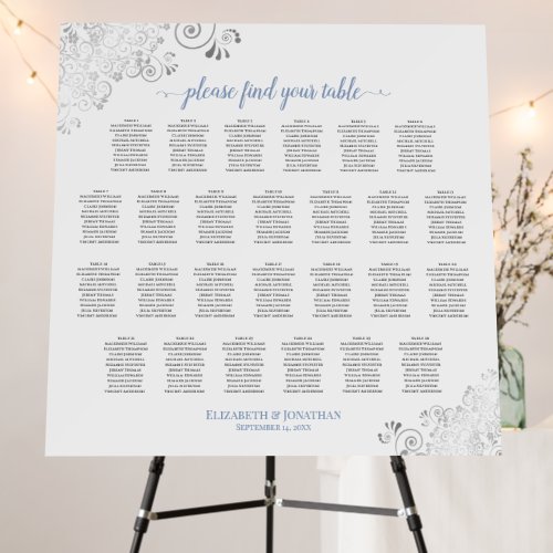 26 Table Silver Frills Blue on White Seating Chart Foam Board