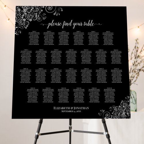 26 Table Silver Lace on Black Seating Chart Foam Board