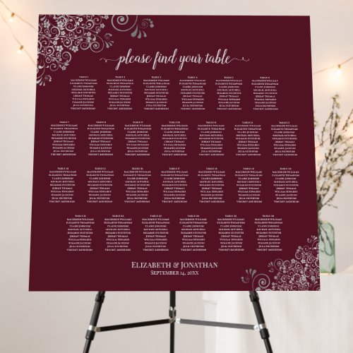 26 Table Silver Lace on Burgundy Seating Chart Foam Board