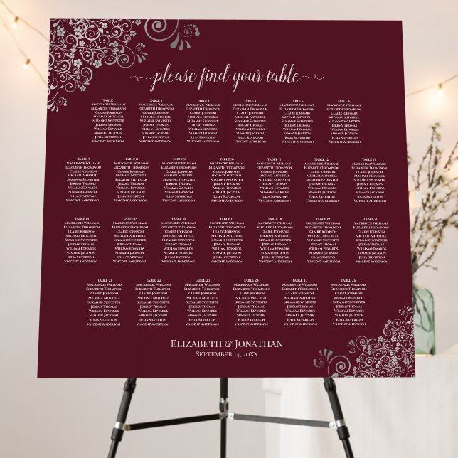 26 Table Silver Lace on Burgundy Seating Chart Foam Board (In Situ (Stand))