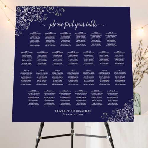 26 Table Silver Lace on Navy Blue Seating Chart Foam Board
