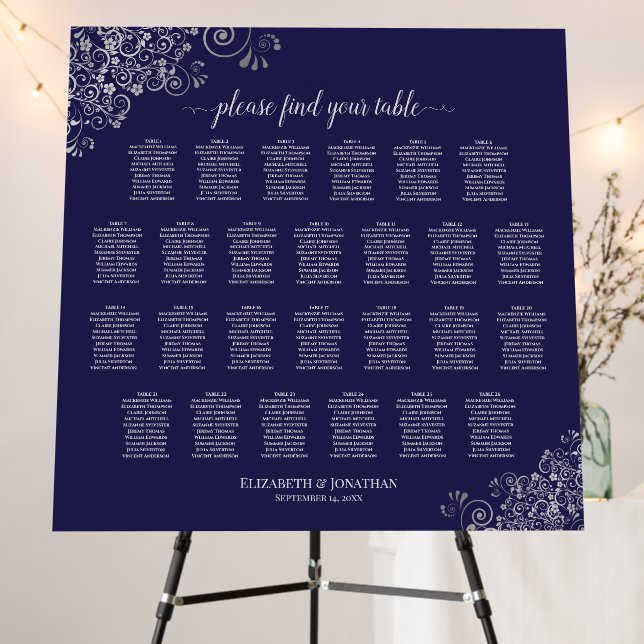 26 Table Silver Lace on Navy Blue Seating Chart Foam Board (In Situ (Stand))