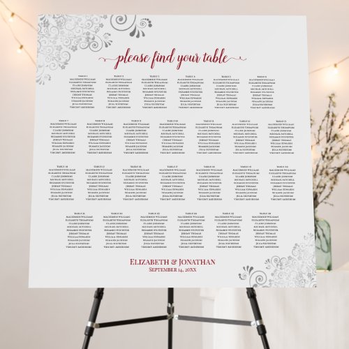 26 Table Silver Lace  Red on White Seating Chart Foam Board