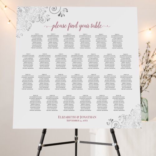 26 Table Silver Lace Rose on White Seating Chart Foam Board