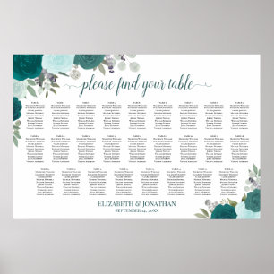 26 Table Teal Boho Roses Wedding Seating Chart
