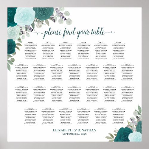 26 Table Teal Boho Roses Wedding Seating Chart
