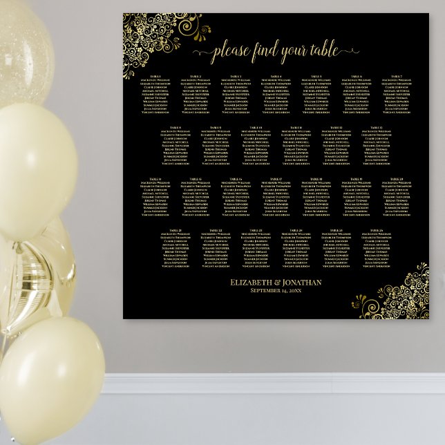 26 Table Wedding Seating Chart Black & Gold Frills (In Situ on Wall)