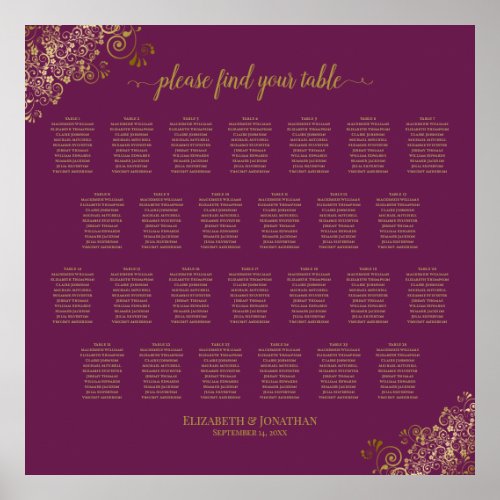 26 Table Wedding Seating Chart Cassis Purple Gold