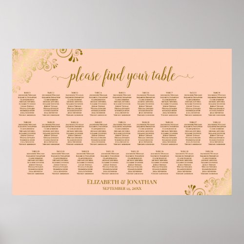 26 Table Wedding Seating Chart Coral Peach & Gold