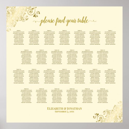 26 Table Wedding Seating Chart Cream  Gold Frills