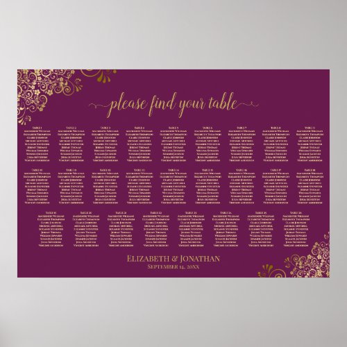 26 Table Wedding Seating Chart Magenta Plum & Gold