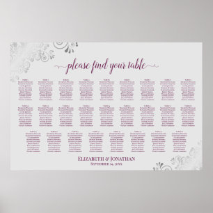 26 Table Wedding Seating Chart Magenta Plum & Gray
