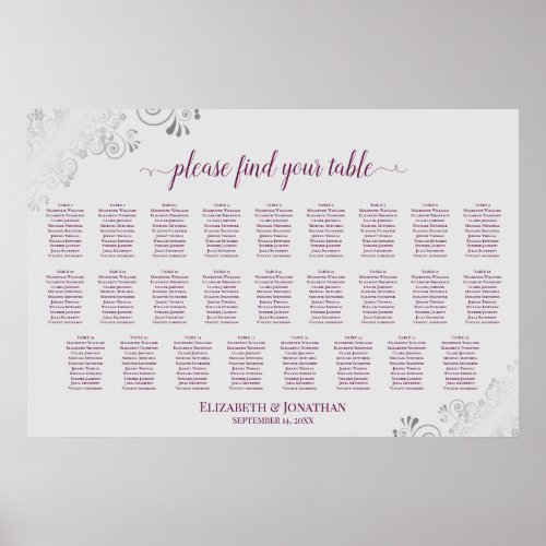 26 Table Wedding Seating Chart Magenta Plum & Gray