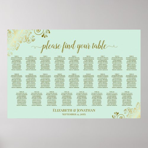 26 Table Wedding Seating Chart Mint Green & Gold