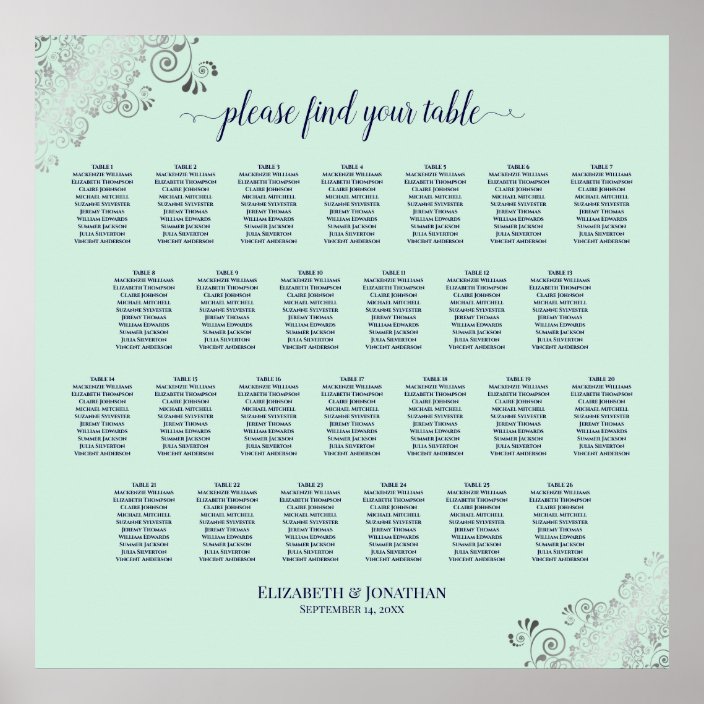 26 Table Wedding Seating Chart Mint Green & Navy