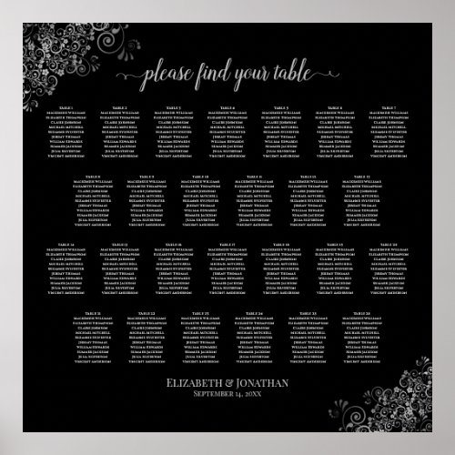 26 Table Wedding Seating Chart Silver Frills Black