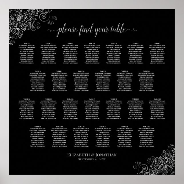 26 Table Wedding Seating Chart Silver Frills Black (Front)