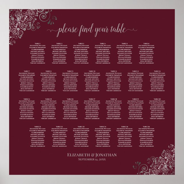 26 Table Wedding Seating Chart Silver on Burgundy (Front)