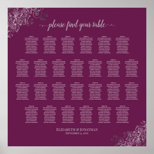 26 Table Wedding Seating Chart Silver on Cassis