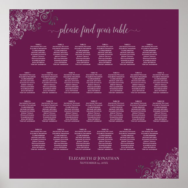 26 Table Wedding Seating Chart Silver on Red Plum (Front)