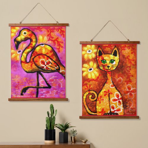 26x36 Tapestries 2pc Whimsical Flamingo  Cat