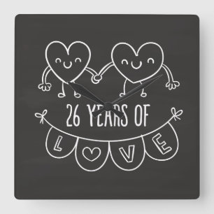 26th Anniversary Gift Chalk Hearts Square Wall Clock