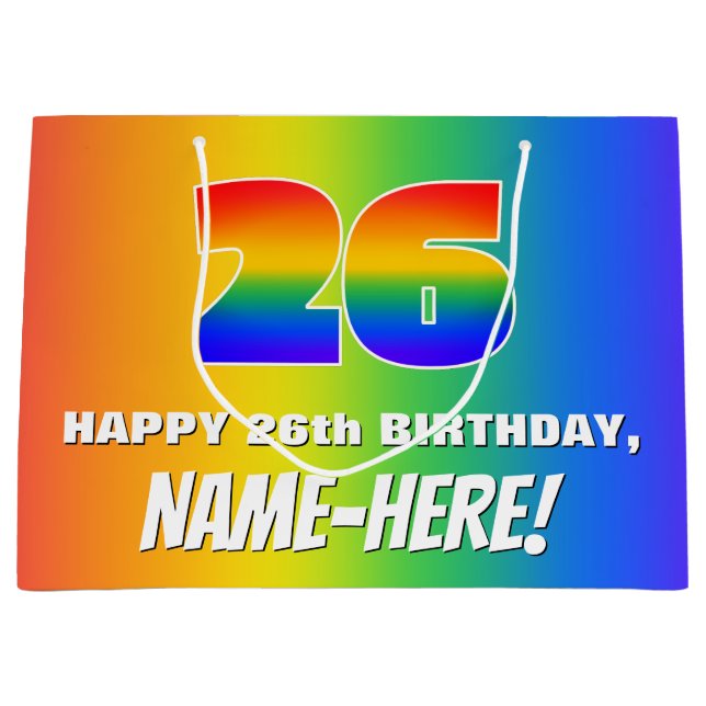 26th Birthday: Colorful, Fun Rainbow Pattern # 26 Large Gift Bag (Front)