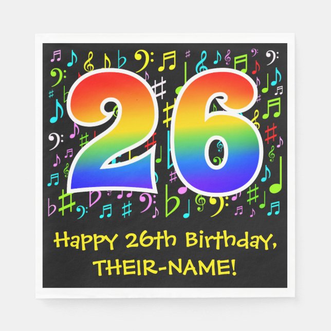 26th Birthday - Colorful Music Symbols, Rainbow 26 Napkins (Front)