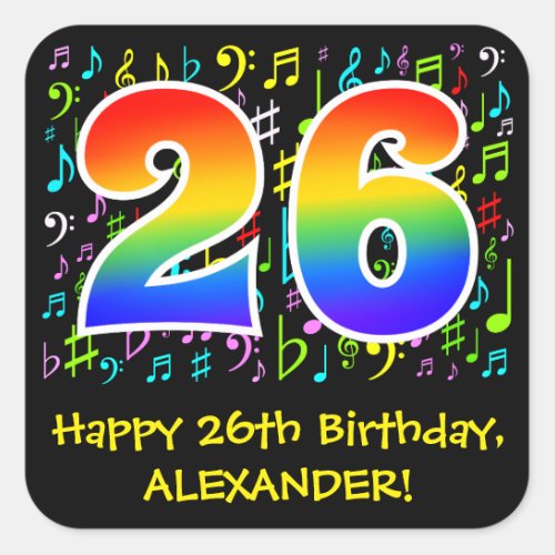 26th Birthday Colorful Music Symbols Rainbow 26 Square Sticker