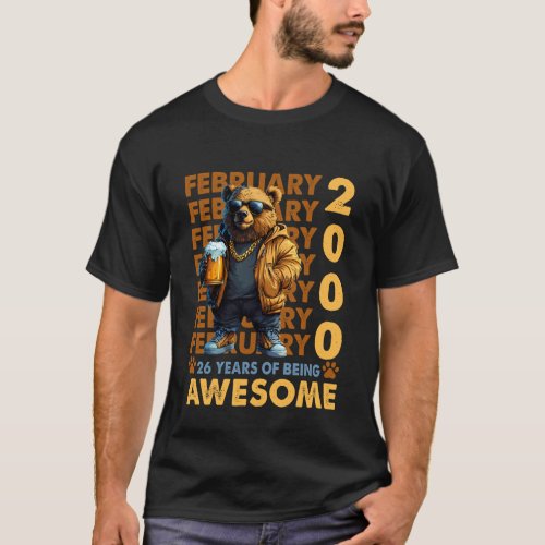 26th Birthday Cool Bear February 2000 Vintage 26 Y T-Shirt