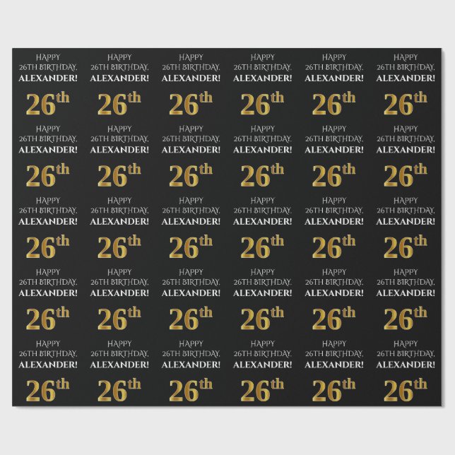 26th Birthday: Elegant, Black, Faux Gold Look Wrapping Paper (Flat)