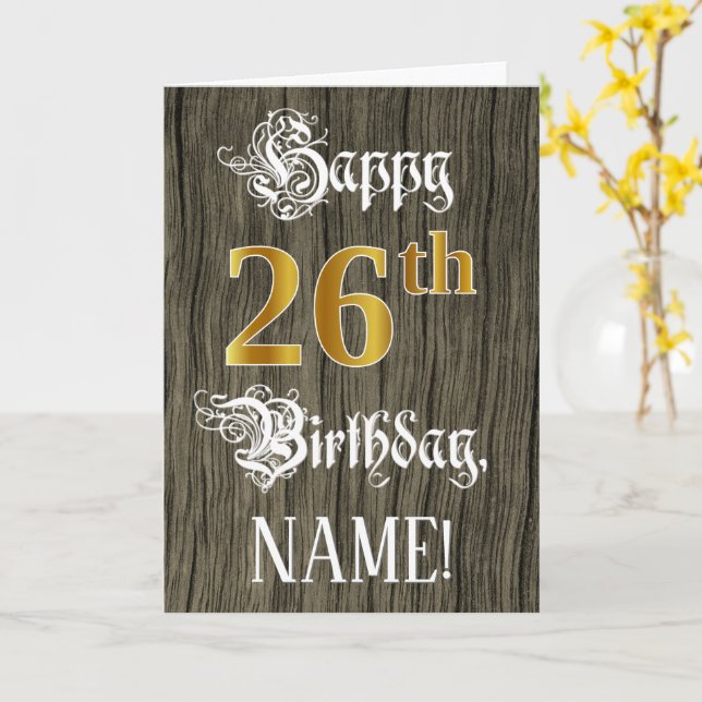 26th Birthday: Faux Gold Look + Faux Wood Pattern Card (Yellow Flower)