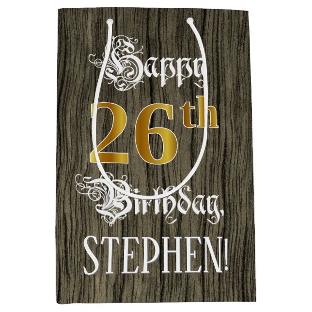 26th Birthday: Faux Gold Look & Faux Wood Pattern Medium Gift Bag (Front)