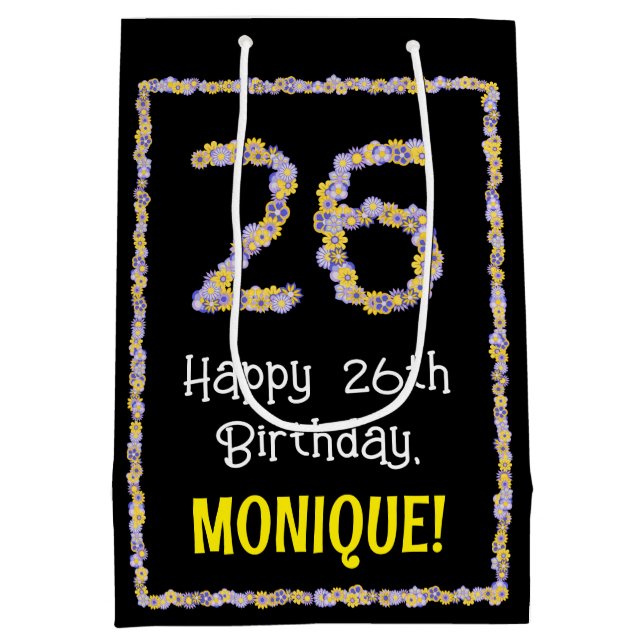 26th Birthday: Floral Flowers Number, Custom Name Medium Gift Bag (Back)