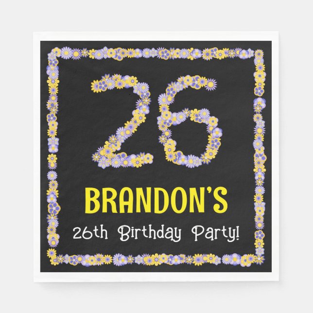 26th Birthday: Floral Flowers Number, Custom Name Napkins (Front)