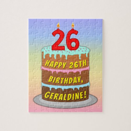 26th Birthday Fun Cake and Candles  Custom Name Jigsaw Puzzle